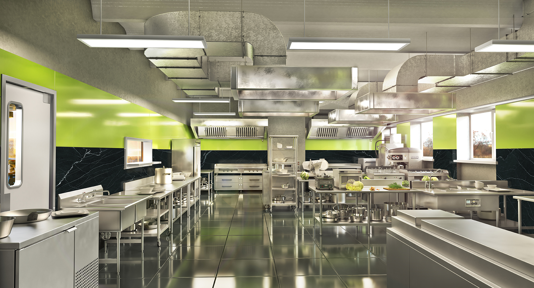 commercial kitchen with back painted textured glass wall claddings