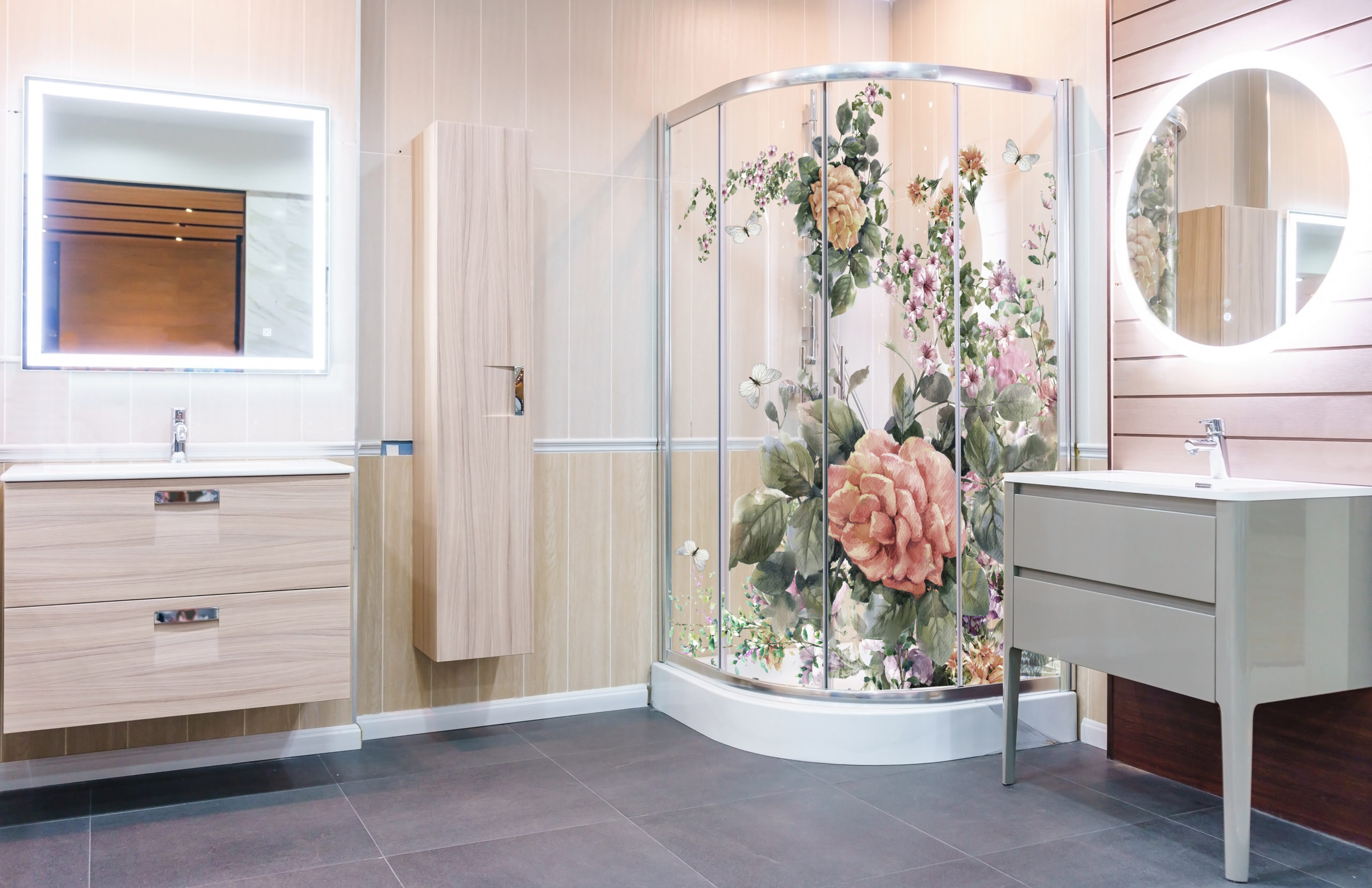 bent glass shower enclosure modern bath floral