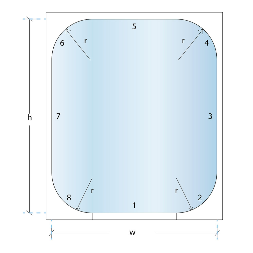 custom cut glass shape 4 radius corners diagram