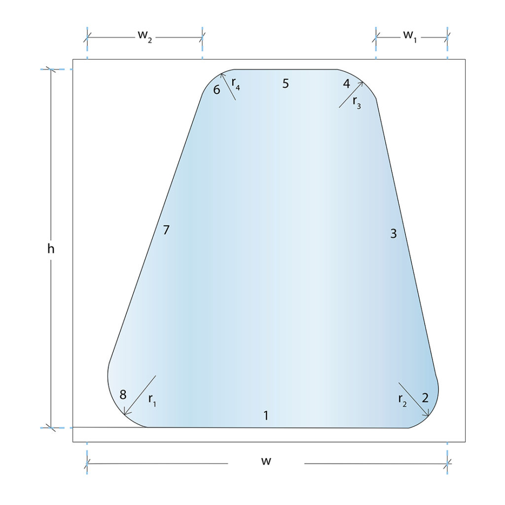 custom cut glass shape acute trapezoid rad. corners diagram